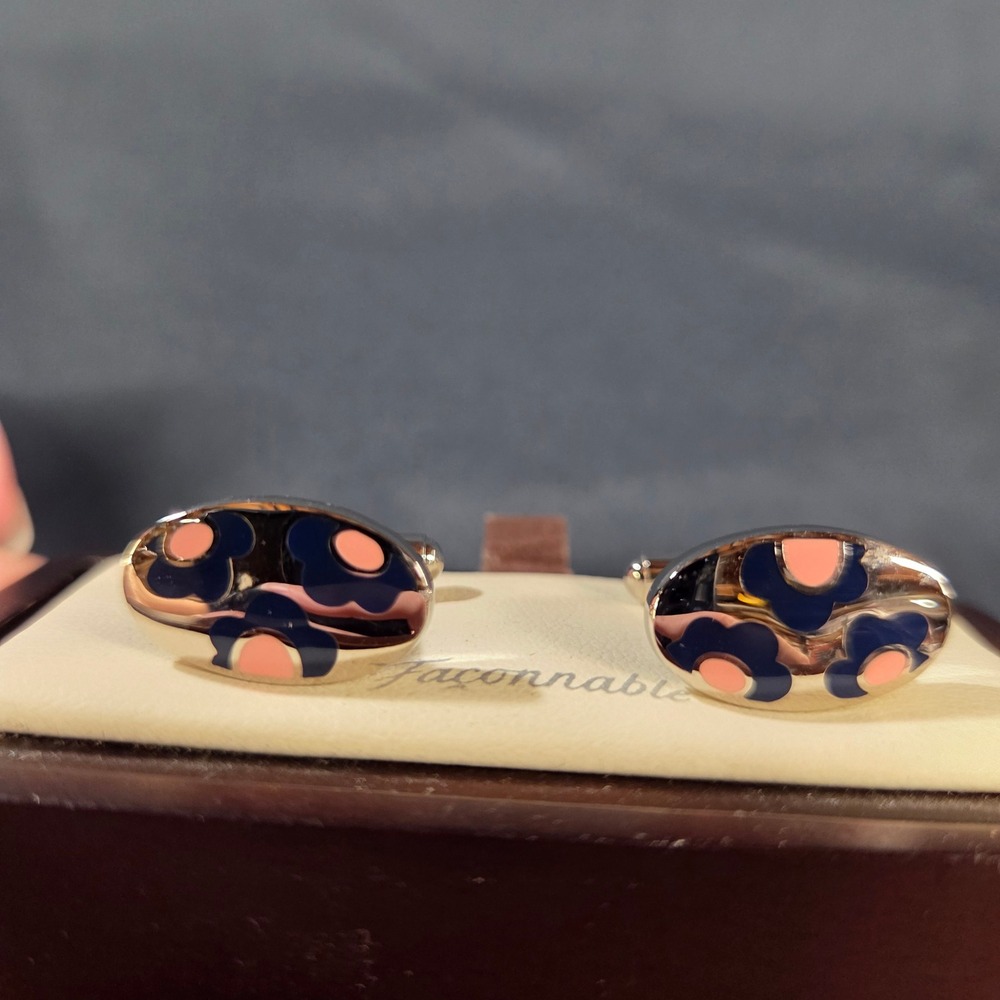 Faconnable Bullet Back Cufflinks Mens Silver Navy Pink Enamel Flower Oval